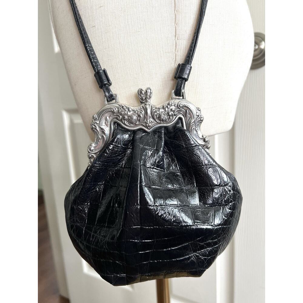 BRIGHTON One World Vintage Black Moc Croc Leather Kisslock Crossbody Purse Pouch
